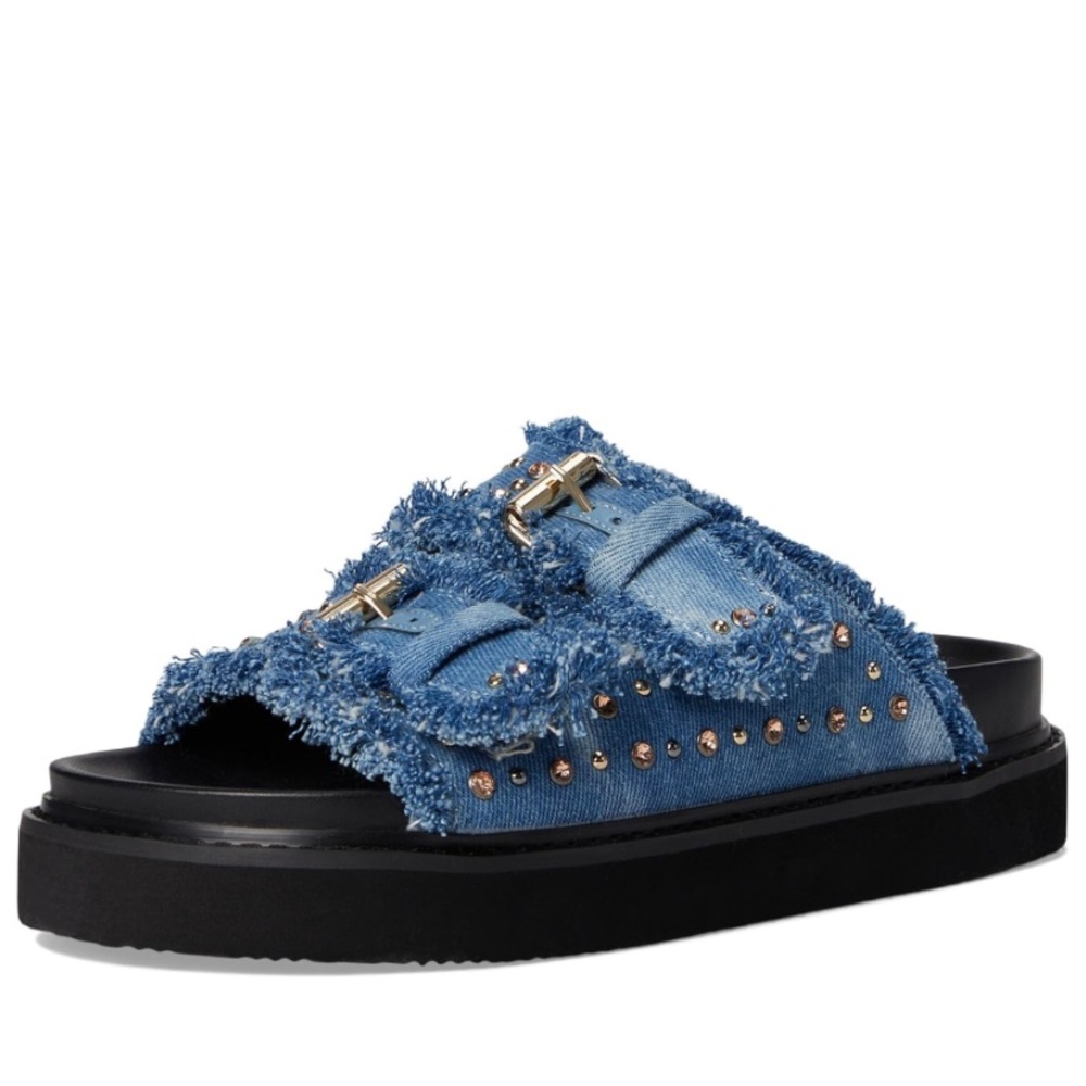 Nine West Blue Frayed Denim Slide Sandal with Studs